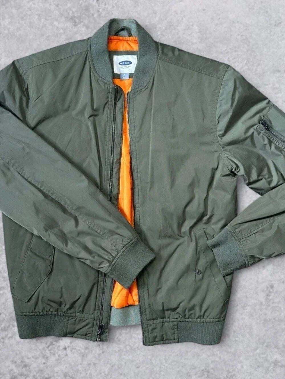Old Navy Men’s M Bomber Jacket Olive Green MA-1 Flight Orange Lined Military